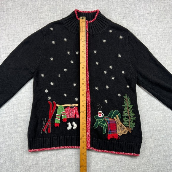 VTG Coldwater Creek Snowflake Ski Scene Zip Up Cardigan Sweater Women L Holiday - Picture 8 of 11
